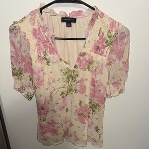 Tahari Cream Floral Smocked V-Neck Blouse in Pink